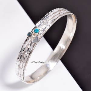 Labradorite & Turquoise Bangle, 925 Silver Stackable Bangle, Hammered Spinner Bangle, Woman Bangle, Two Stone Unique Bangle, Gift Bangle