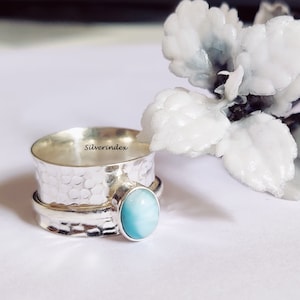 Larimar Ring, 925 Silver Ring, Spinner Ring, Hammered Ring, Beautiful Ring, Oval Stone Shape Ring, Gift Ring, Stackable Ring, Women Ring.