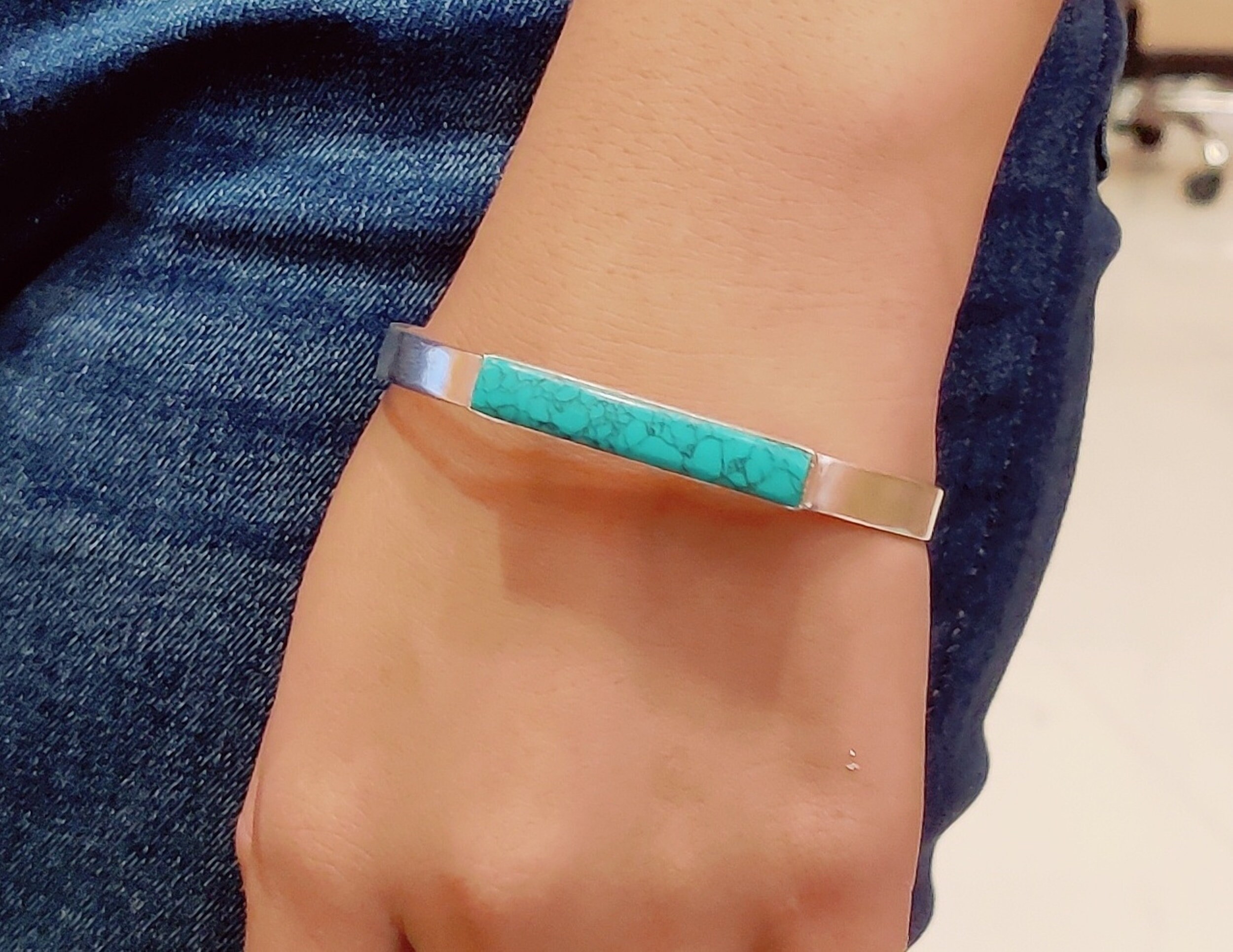 ターコイズスターリングシルバーカフバングル：調節可能なオープン