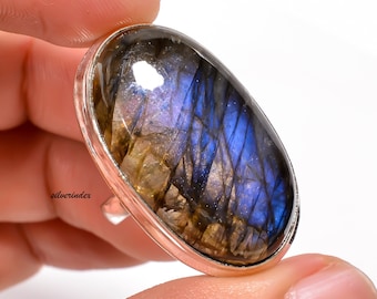 Wide Band Labradorite Ring, Oval Gemstone, 925 Sterling Silver