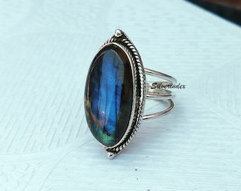 Oval Labradorite Ring, Bohemian 925 Sterling Silver Ring