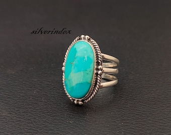 Mohave Turquoise Sterling Silver Ring, Oval Blue Stone Band Jewelry ~ Gift For New Year