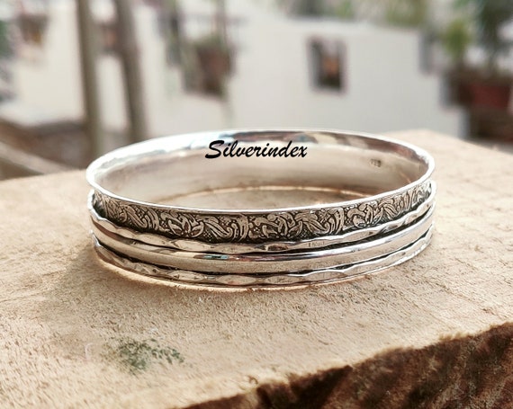 Sterling Silver Spinner Flower Bangle, Three Band Spinner Bangle, Stackable  Bangle, Silver Hammered Bangle, Gift for Her / Him 