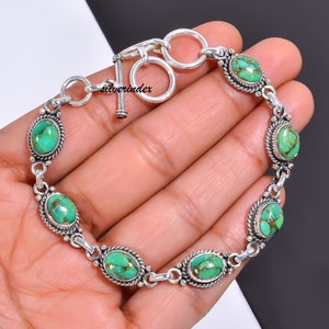Bracelet à maillons turquoise, cuivre vert, bracelet en argent sterling 925, bracelet fait main, bracelet de créateur pour femme, beau bracelet
