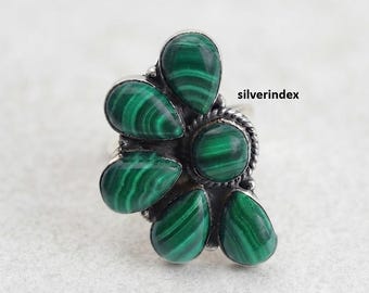 Malachite Gemstone Statement Ring, 925 Sterling Silver, Half Flower Design Ring, Pear Shape, Gifts
