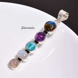 Five Stone Larimar Pendant, 925 Silver Pendant, Labradorite & Amethyst Pendant, Handmade Necklace For Women Pendant,Rose Quartz Pendant