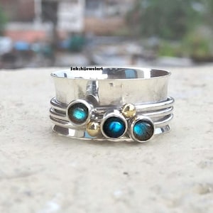 Labradorit Spinner Ring: Handgefertigtes 925 Sterling Silber, Drei Stein
