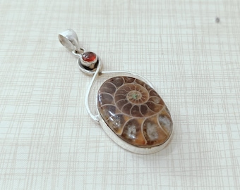 Ammonite Fossil Garnet Pendant, 925 Sterling Silver Necklace, Handmade Jewelry * Gift For Wedding & Birthday