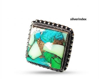 Peacock Dahlia Gemstone Ring* 925 Sterling Silver* Square Shape* Handmade Jewelry* Band Ring* Gifts