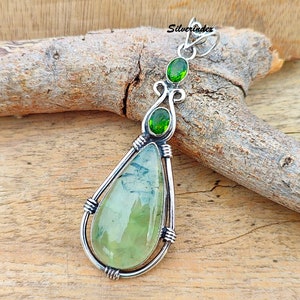 Sterling Silber Prehnit & Peridot Halskette, Atemberaubender Prehnit Anhänger, Grüner Birnen Stein Anhänger, spirituelle Heilung Halskette Geschenk für Sie