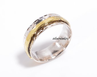 Hammered Sterling Silver Spinner Ring, Brass Fidget Band, Meditation Ring