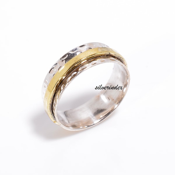 Hammered Sterling Silver Spinner Ring, Brass Fidget Band, Meditation Ring