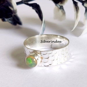 Opal Stapelring, Massiv 925 Sterling Silber mit Opal, breites Silberband mit Opal, stapelbarer Opalring Schmuck, Geschenk für sie