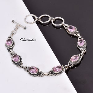 Sterling Silver Rose Quartz Link Bracelet, Wired Wrapped Boho Jewelry
