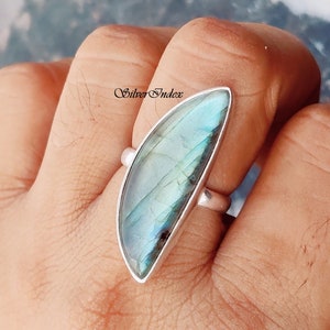 Beautiful Crescent Moon Labradorite Ring, Wide Stone Ring For Women, 925 sterling Silver Ring, Unique Ring, Handmade Ring Gift for Her
