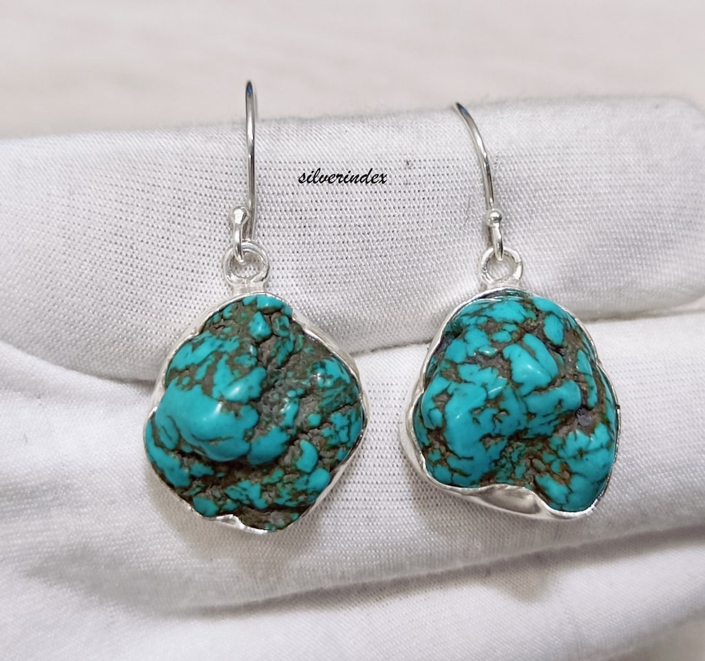 Orecchini Pendenti In Argento 925 Con Pietra Turchese, Design A Foglia Vintage Bohémien, Altezza 40,5 Mm, Ipoallergenici, DOLIOX.