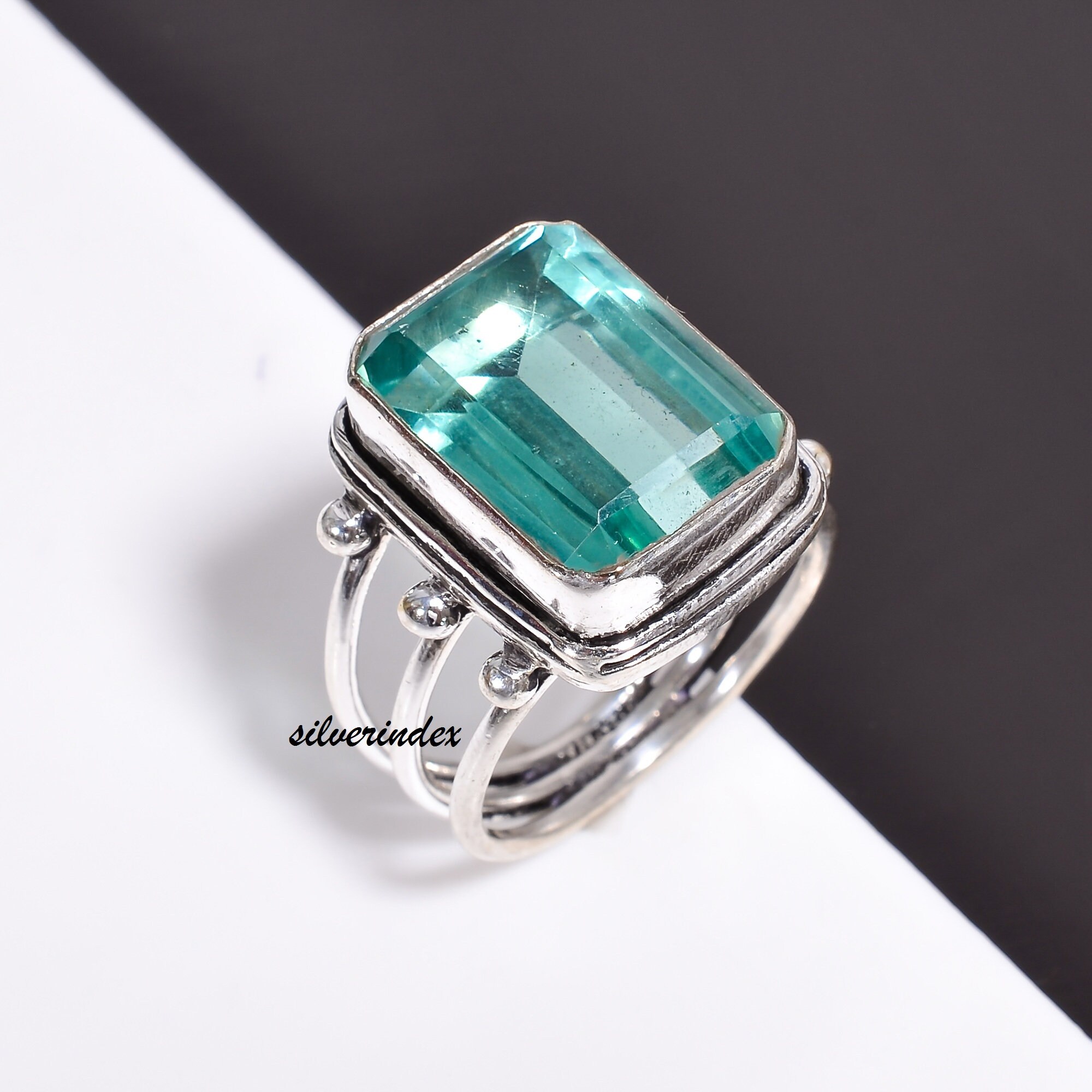 Anello Facciato In Argento 925 Con Acquamarina Vero Fatto A Mano - Tutte Le Misure