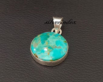 Mohave Turquoise Pendant :925 Sterling Silver Handmade Jewelry ~ Round Pendant ~ Gift For Valentine Day
