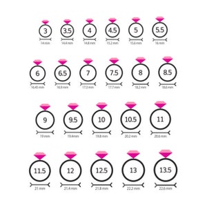 May include: A chart showing different ring sizes with corresponding measurements in millimeters. The chart includes sizes 3 through 13.5.