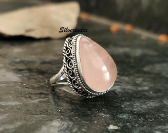 Handmade Rose Quartz 925 Silver Ring, Bohemian Jewelry