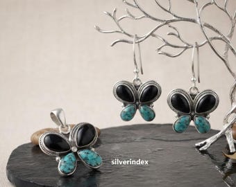 Black Onyx and Turquoise Gemstone, Women Set Jewelry, Earring & Pendant Combo, 925 Sterling Silver