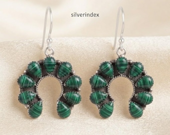 Malachite Earrings, Handmade Jewelry, 925 Sterling Silver, Pear Shape, Flower Design Earrings, Women Gift