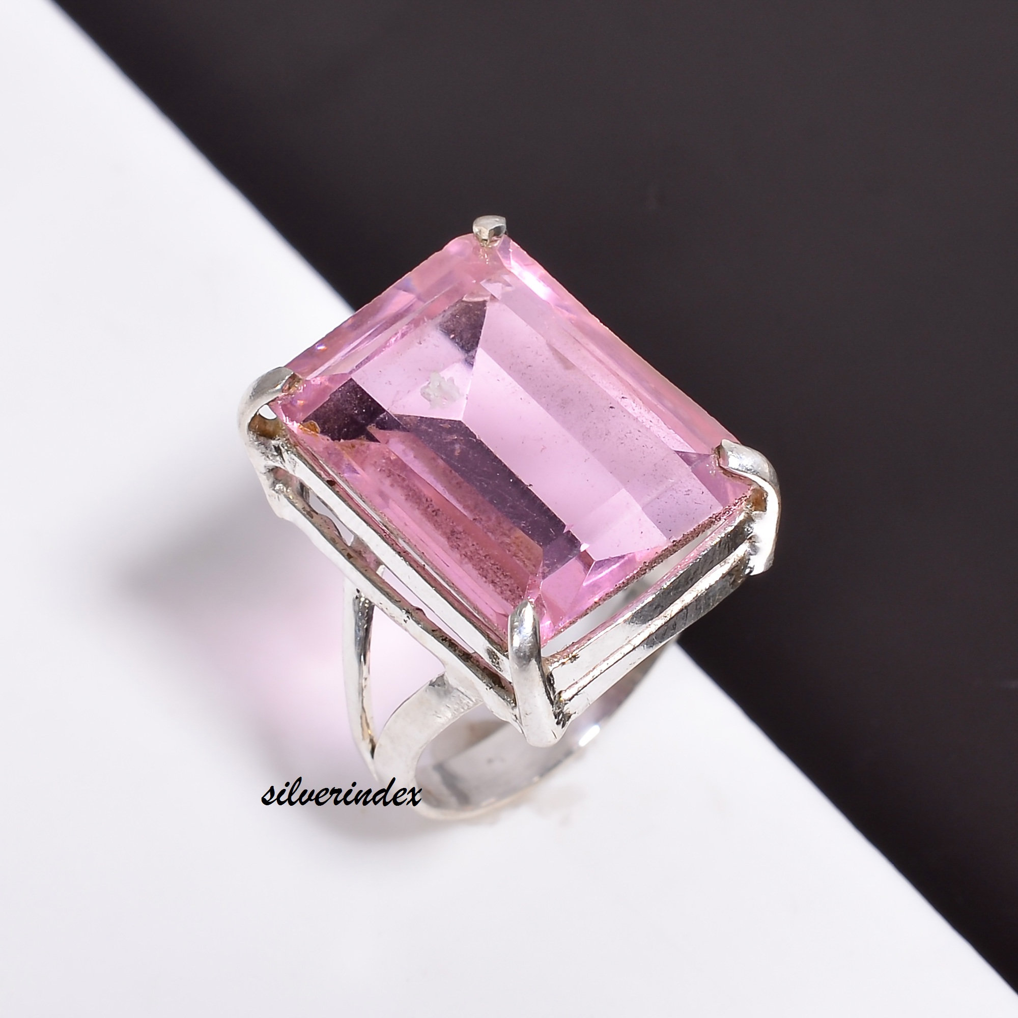 Handmade 925 Sterling Silver Ring: Rectangle Rose Quartz Gemstone