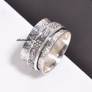 Flowers Spinner Ring * Fidget Ring * Boho Chunky Ring * Wide Band Ring * 925 Silver Ring for Women * Meditation Anxiety * Thumb Ring jewelry