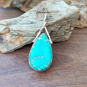 Tear Drop Blue Sea Sediment Jasper Pendant, Solid Silver 925 Sea Sediment Gemstone Pendant/ Necklace, Silver Sea Sediment Jewelry Gift  Her