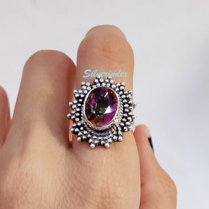 Mystic Topaz Boho Design 925 Silver Ring, Oval Mystic Oxidize Ring, Gemstone Ring, Statement Ring, Handmade  Thumb Ring, Women Ring, Gift