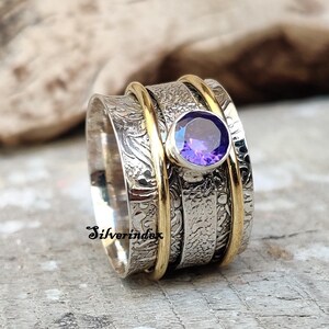 Amethyst Spinner Ring: Handmade 925 Sterling Silver, Brass Accents