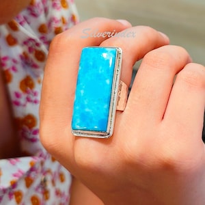 Beautiful Larimar Ring, 925 Solid Silver Ring, Rectangle Larimar Jewelry, Larimar Ring For Women, Larimar Boho Ring Christmas Gift for Her