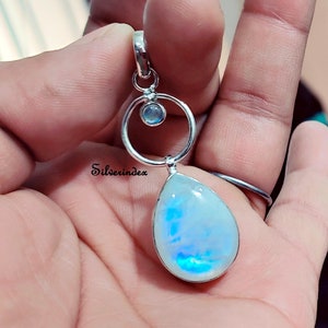 Blue Fire Moonstone Sterling Silver Gemstone Pendants, Tear Drop Boho Pendant, Pendant Jewelry, Moonstone Pendant, Gift Pendant for Her
