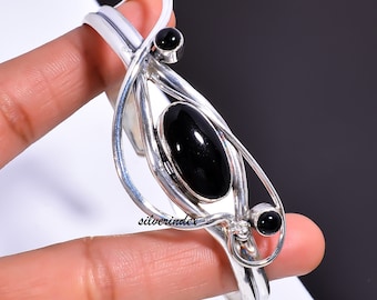 Black Onyx Sterling Silver Bangle, Adjustable Gemstone Bracelet