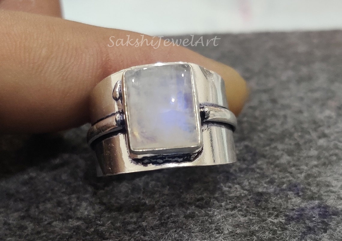 Moonstone Wide Band Ring Fire Stone Ring Sterling Silver Etsy