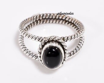 Black Onyx Ring, Twisted 925 Sterling Silver Band, Handmade
