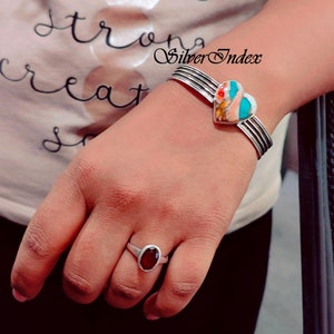 Spiny Oyster Copper Turquoise Sterling Silver Bangle, Heart Shape Oyster Bracelet, Handmade Bangle, Women and Girl Bangle, Gift for Her