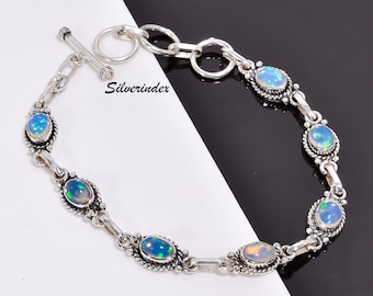 Ethiopian Opal Sterling Silver Bracelet: Handmade 7.5" Bangle