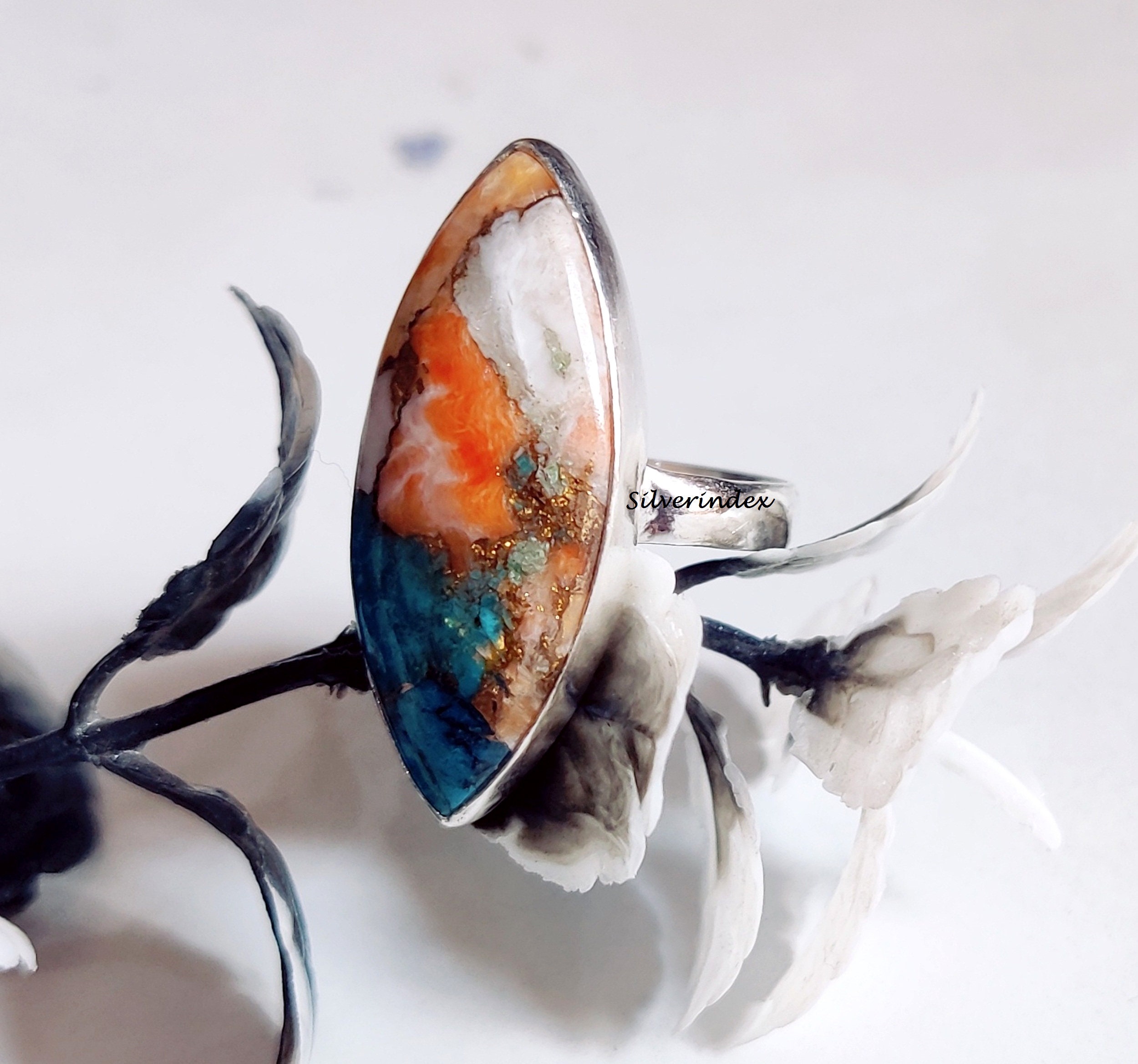 Bague Turquoise Huître En Argent 925 - Forme Marquise, Pierre Orange De 8-9 Carats - Vrinda, Faite Main En Inde