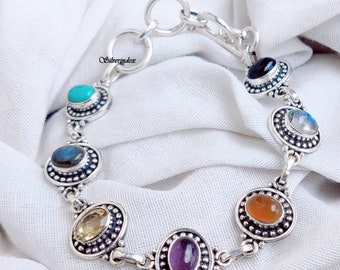 Bracelet labradorite et pierre de lune : Bracelet fait main en argent sterling 925 avec sept pierres
