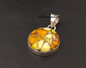 Honey Dahlia Turquoise Gemstone Pendant ~ 925 Sterling Silver Handmade Jewelry ~ Round Shape Pendant