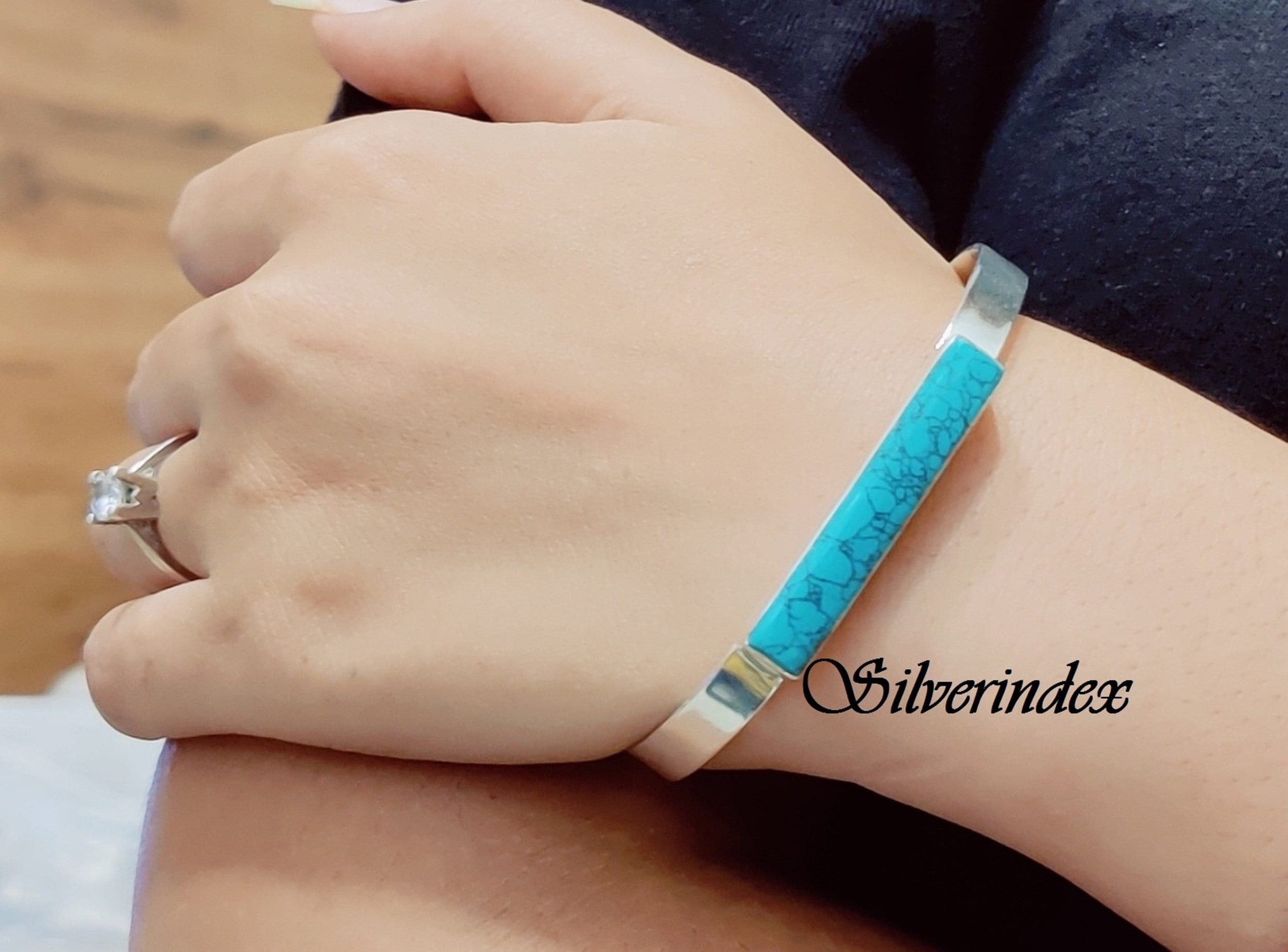 ターコイズスターリングシルバーカフバングル：調節可能なオープン