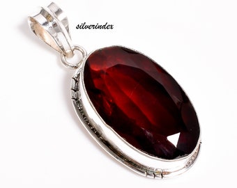 Oval Garnet Pendant, Handmade 925 Sterling Silver Jewelry