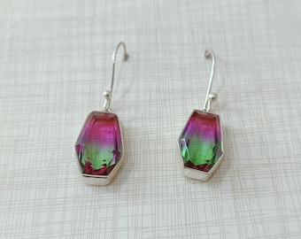 Watermelon Tourmaline Gemstone Earrings, Boho 925 Sterling Silver Earrings, Coffin Shape * Handmade Jewelry