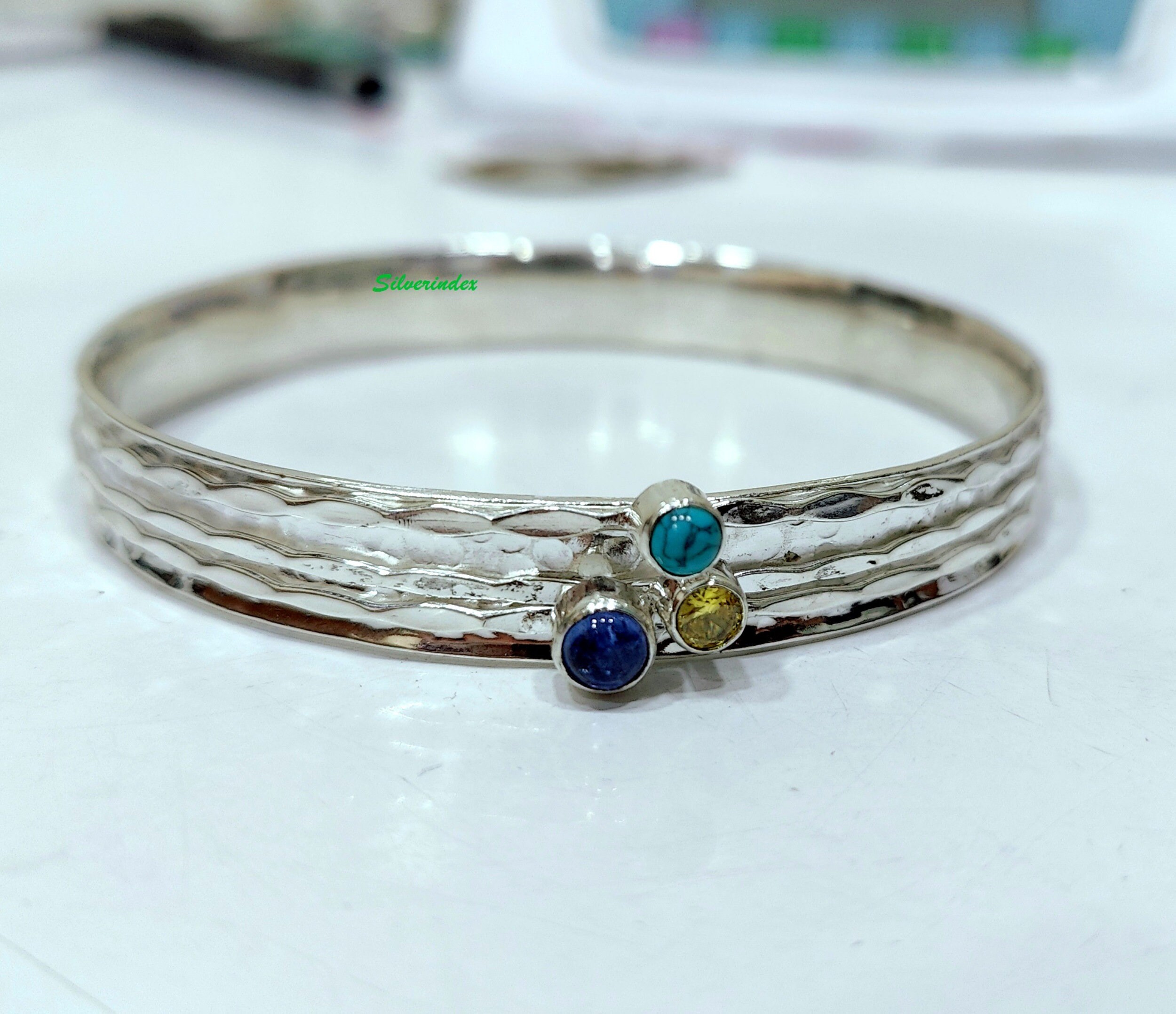 Labradorite Turquoise Bangle, 925 Sterling Silver Hammered Spinner