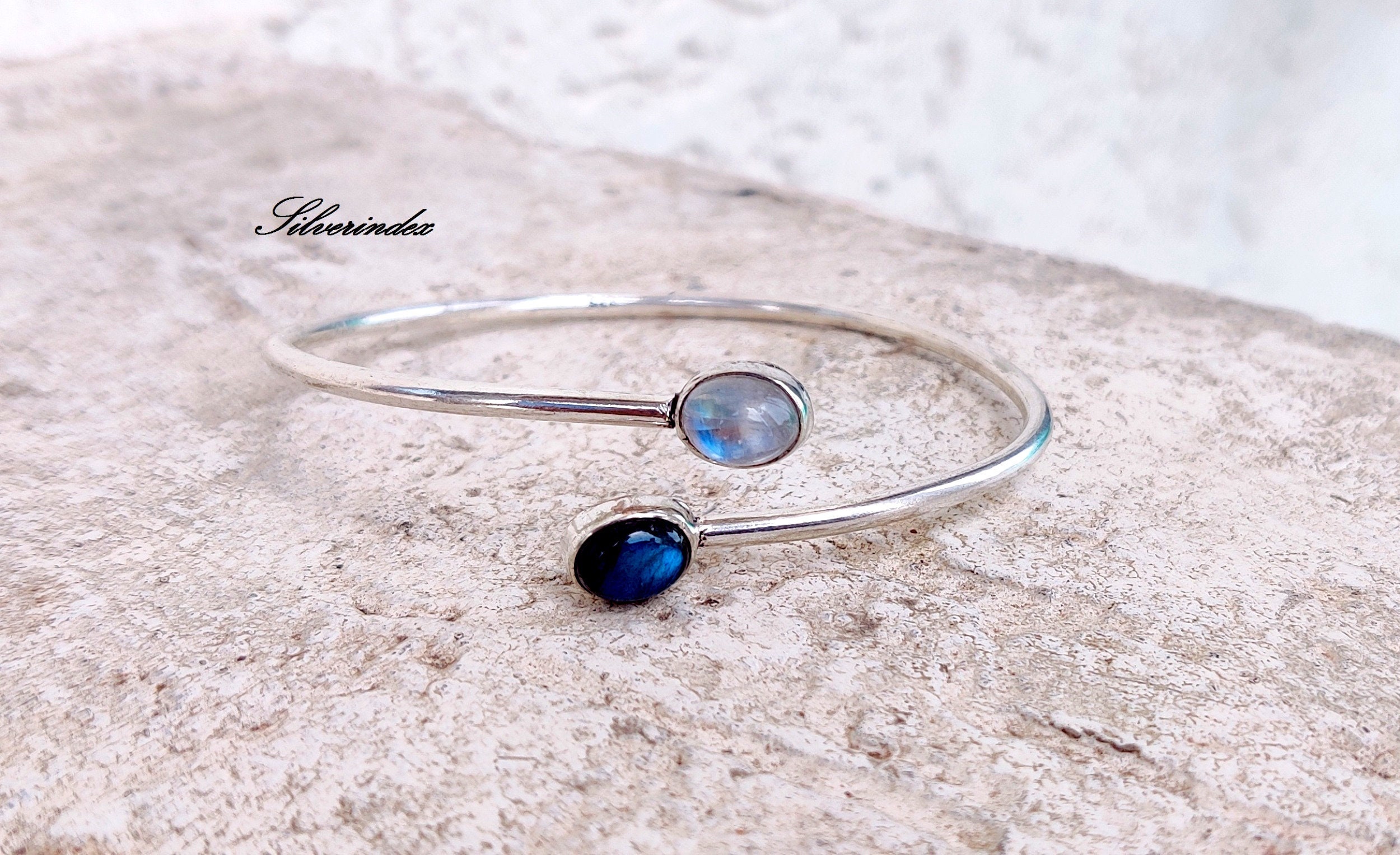 Handmade Sterling Silver Moonstone Labradorite Bangle, Adjustable Gemstone Bracelet