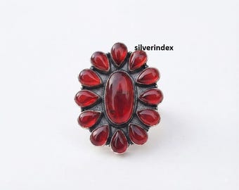 Garnet Gemstone Ring* 925 Sterling Silver* Large Oval Ring* Flower Design* Women Jewelry* Gifts