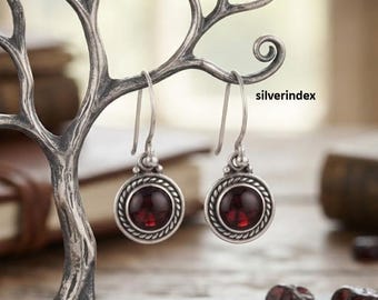 Garnet  Earrings, 925 Sterling Silver, Handcrafted Jewelry, Women Dangle Earrings, Popular Gemstone, Round Shape