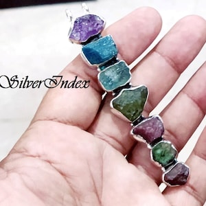 7 Chakra Necklace, Sterling Silver Colorful Healing Raw Stone Pendant for Men & Women, Meditation Pendant, Yoga Chakra Pendant Gift For All