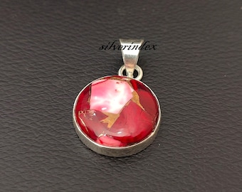 Red Rose Dahlia Turquoise Sterling Silver Pendant, Round Boho Jewelry